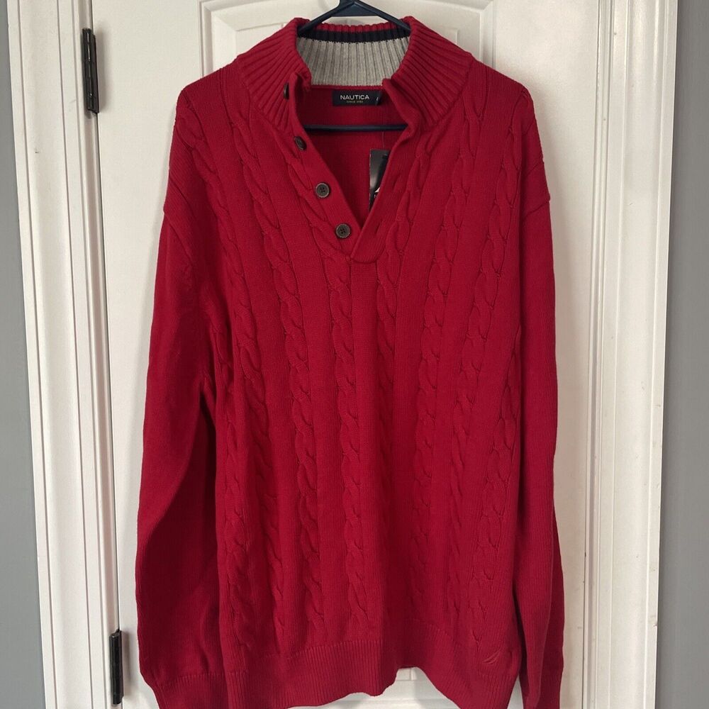 NAUTICA Size XL Red Sweater CABLE KNIT Logo‎ DRESSY Button Up NEW